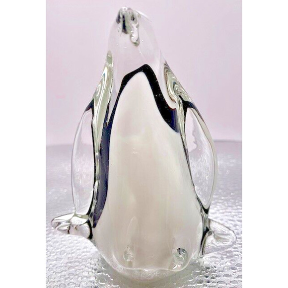 Unmarked Other - Murano Style Art Glass Penguin 4.25” X 3.5" Clear, Black & White